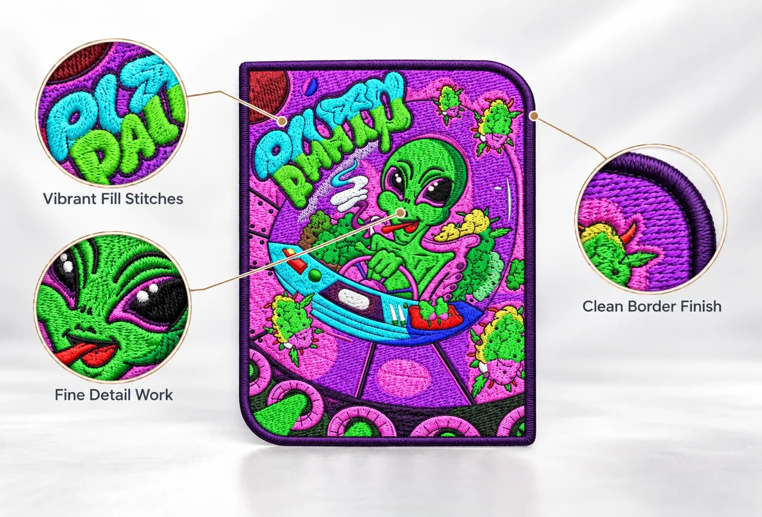 Colorful purple and green illustrated design with detail insets