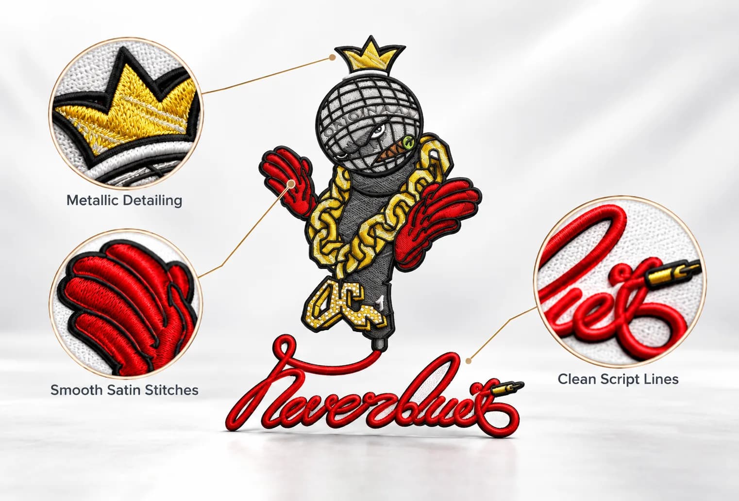 Gold and red sword-and-knight-style emblem with detail insets