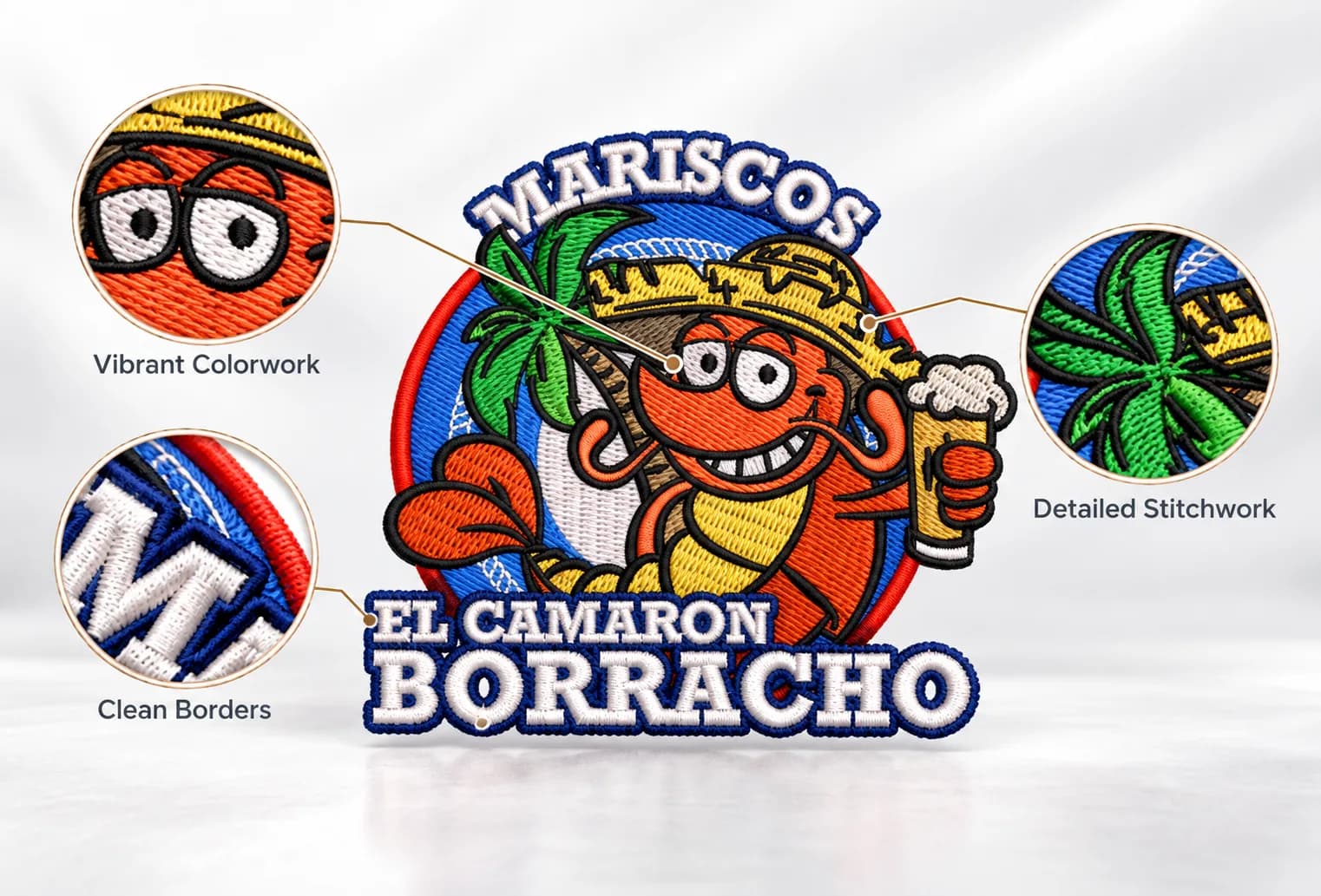 Cartoon seafood emblem with Mariscos El Camaron Borracho lettering