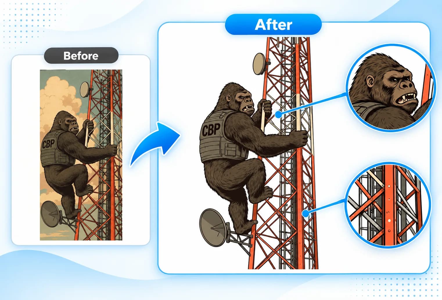Combined before and after vector comparison of a gorilla climbing a radio tower