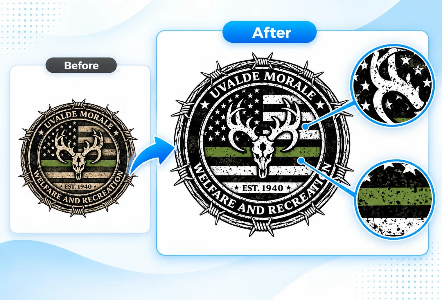 Combined before and after vector comparison of a circular Uvalde Morale emblem