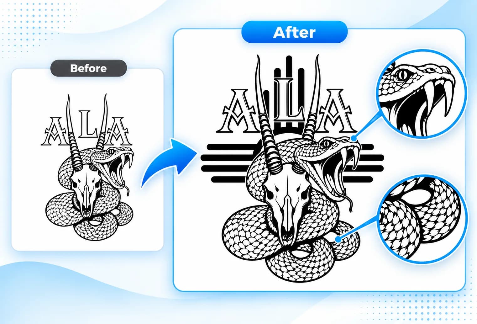 Combined before and after vector comparison of a snake and horned skull illustration