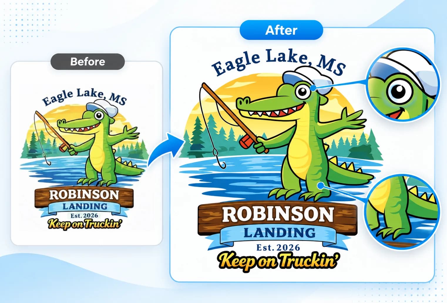 Combined before and after vector comparison of a Robinson Landing fishing alligator logo