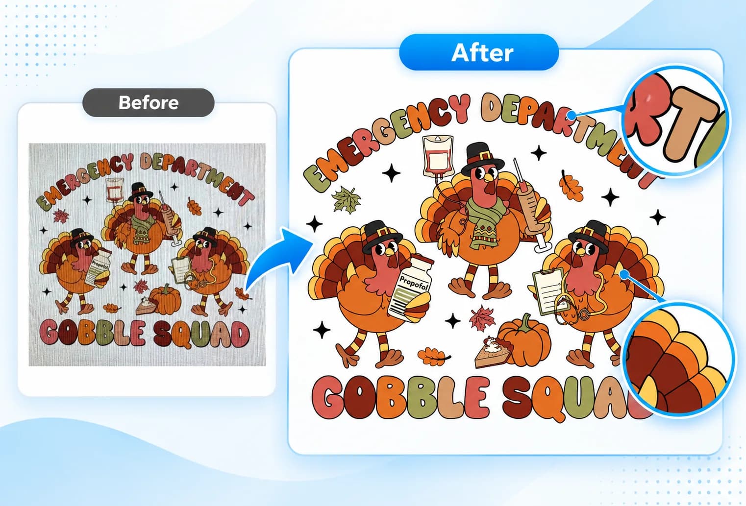 Combined before and after vector comparison of Emergency Department Gobble Squad artwork