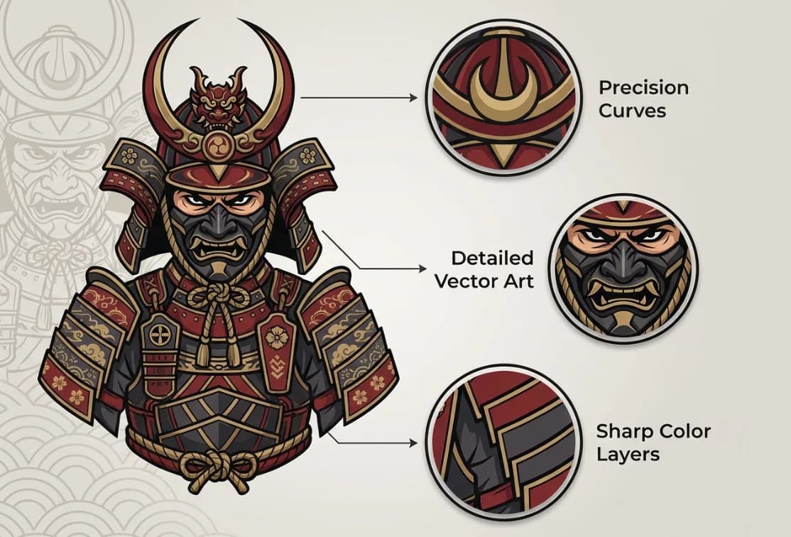 Armored samurai illustration with detail insets