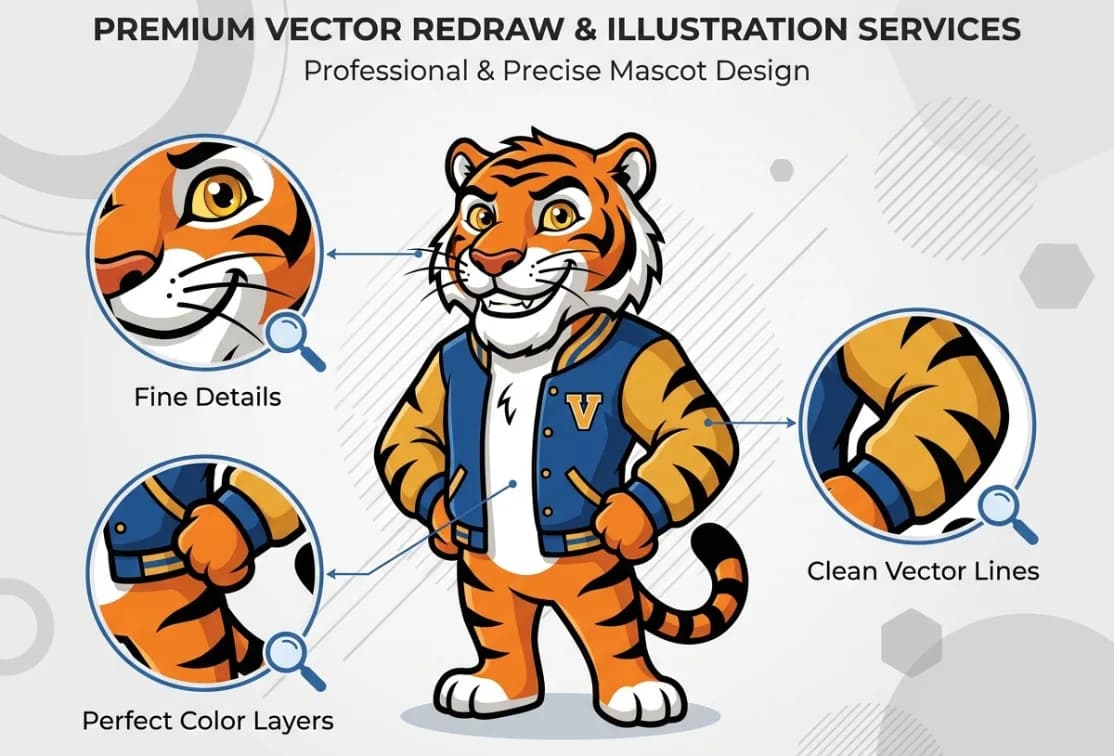 Orange tiger mascot illustration with detail insets
