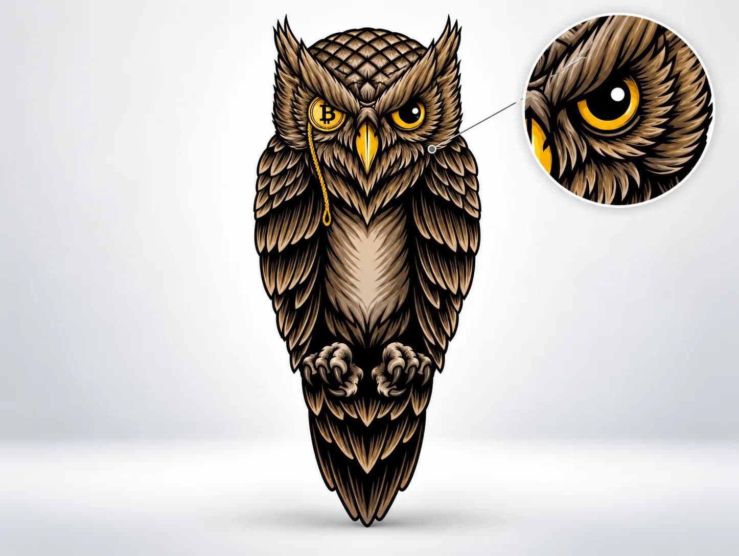 Brown owl illustration with feather and eye detail inset