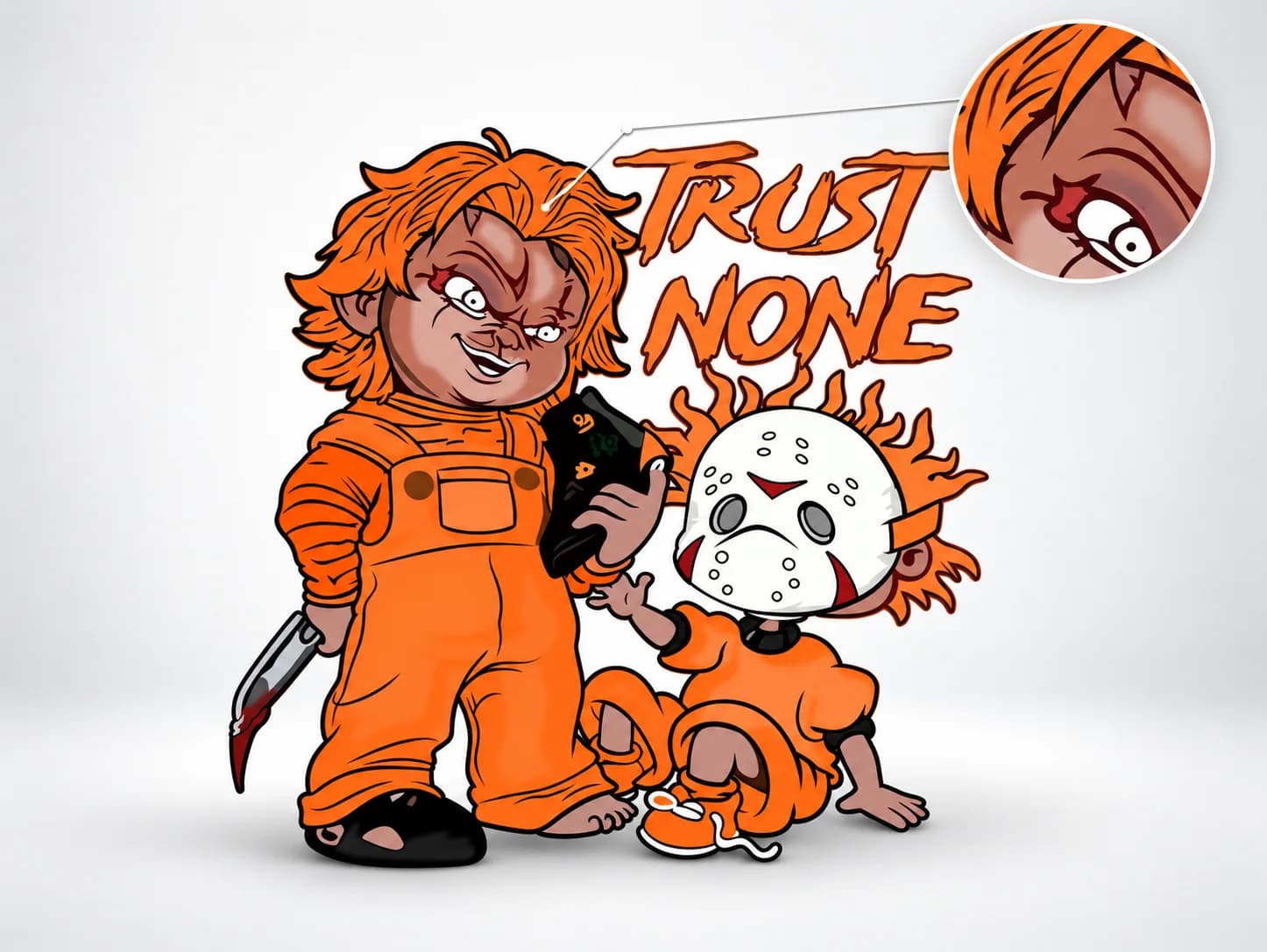 Orange character illustration with Trust None lettering